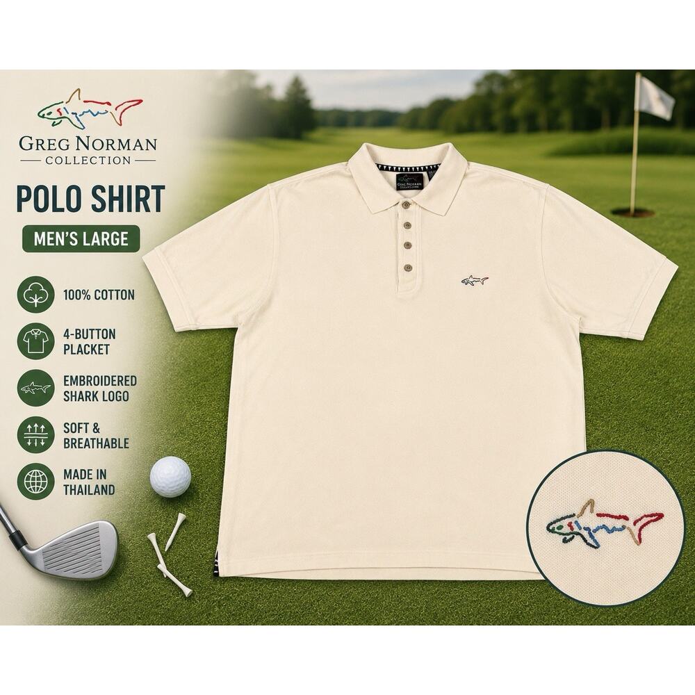 Greg Norman Collection Polo Shirt Mens Large Ivory Shark Logo 100% Cotton Golf